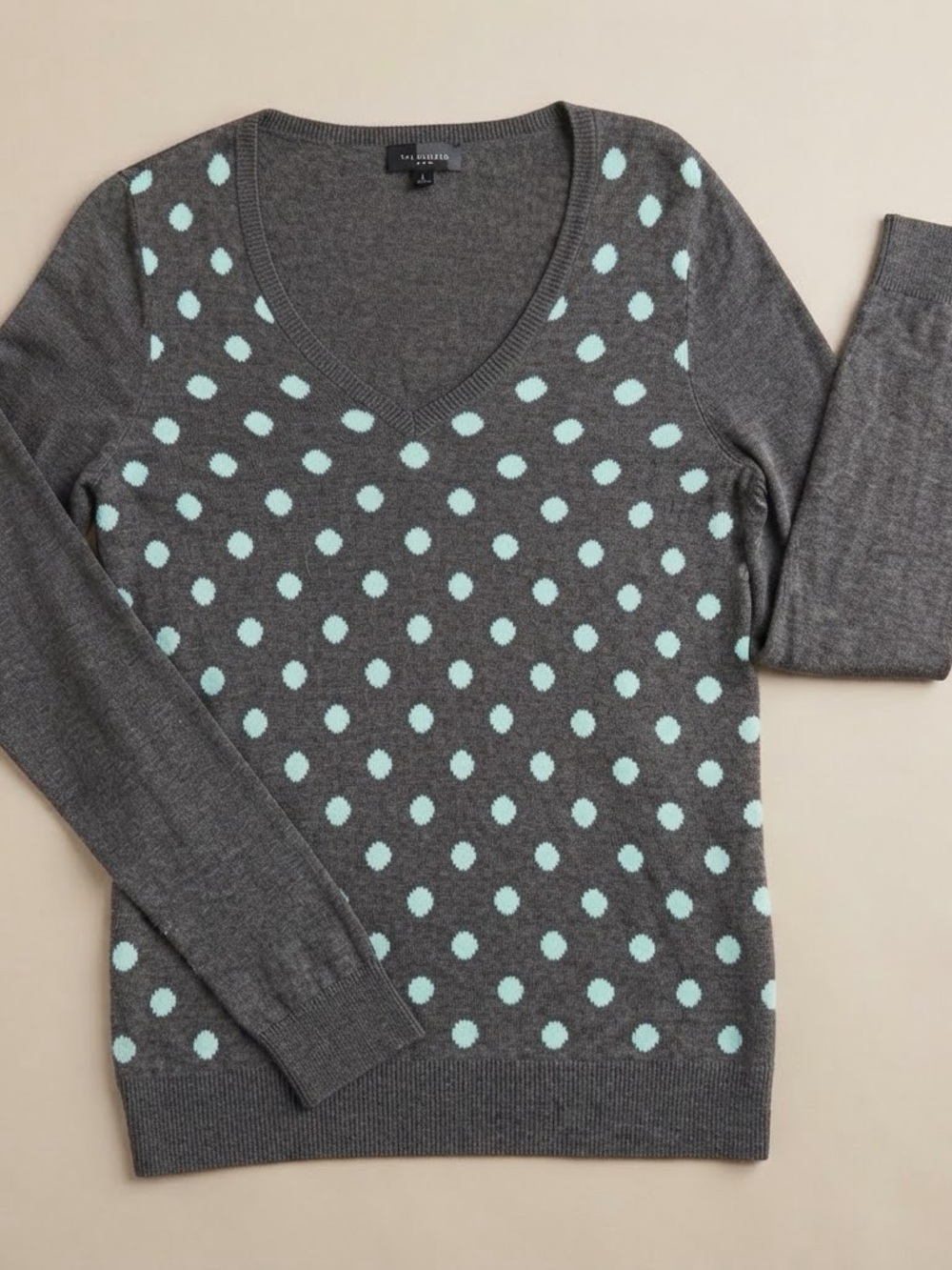 The Limited Charcoal V-Neck Sweater with Mint Polka Dots